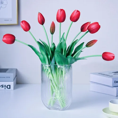 Miniatura 15 de Tulipanes falsos de tacto real premium de 16 pulgadas, flores artificiales con brotes, tallo flexible fácil de moldear, tulipanes sintéticos