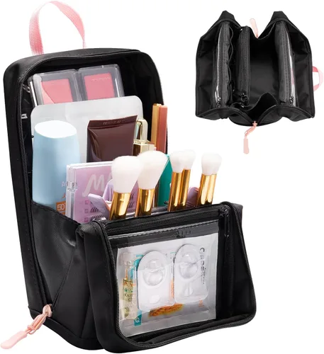 Abiudeng Bolsa de maquillaje de viaje de pie Bolsa de maquillaje Bolsa de aseo de viaje, Negro