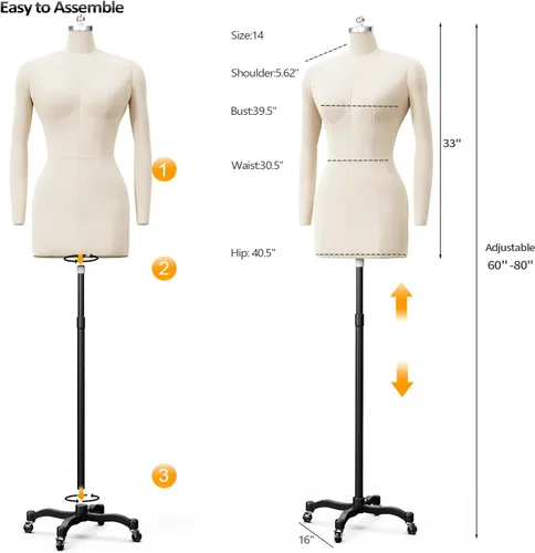 Miniatura 2 de Bonnlo Maniquí de costura femenino, talla 14, forma de vestido para exhibición y diseño a medida, torso ajustable en altura con base de metal