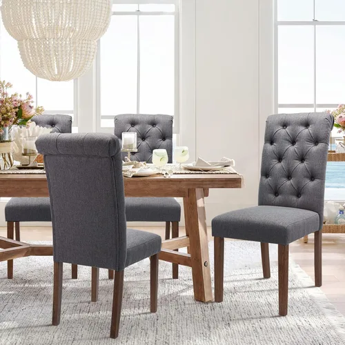 Miniatura 18 de COLAMY Juego de 2 Sillas de Comedor Copetudas, Sillas de Cocina Accent Parsons Tapizadas en Tela Elegante con Patas de Madera Maciza y Asiento Beige