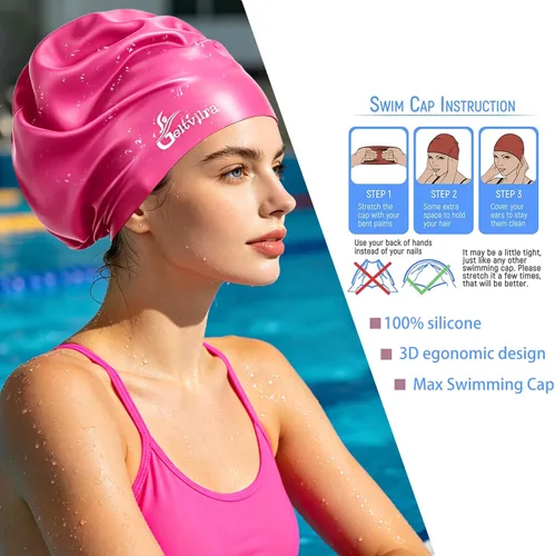 Miniatura 4 de Paquete de 4 gorros de natación de silicona extra grandes para trenzas y rastas, negro, para mujeres y hombres, pelo largo, para piscina, impermeable