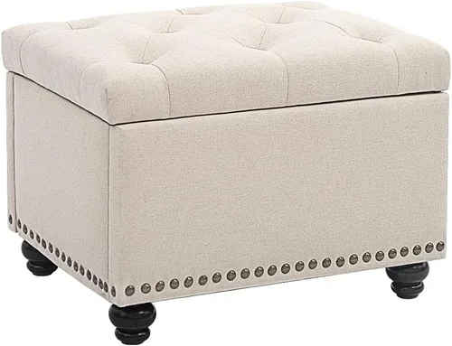 CangLong Banco otomano de almacenamiento copetudo de 24 pulgadas, taburete otomano de lino con asiento acolchado de espuma, banco de pie de cama y