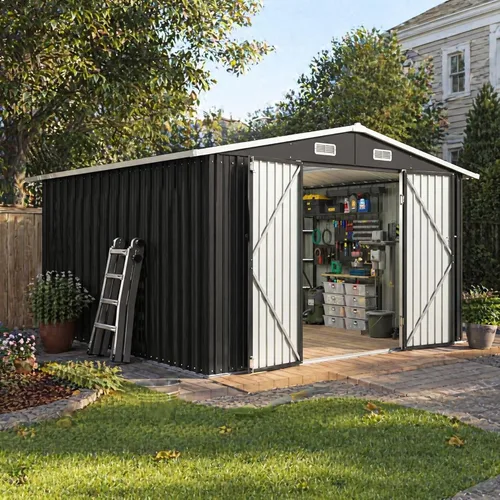 Miniatura 13 de Aoxun Cobertizo de almacenamiento para exteriores de 8 x 6 pies, cobertizo de metal con puertas bloqueables y rejillas de ventilación, cobertizo