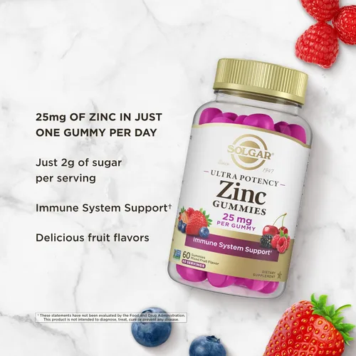 Miniatura 5 de Solgar Gomitas de zinc para adultos con 25 mg de citrato de zinc de ultra potencia para apoyo inmunológico, sabor mixto de frutas, veganas, kosher
