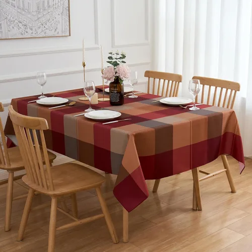 Miniatura 16 de Mantel Redondo de 60 Pulgadas Rojo Marrón a Cuadros de Cosecha - Mantel de Poliéster de Invierno a Cuadros Gingham de Navidad Cubierta de Mesa