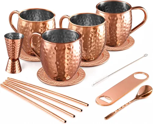 KITESSENSU 16-PC All-in-One Moscow Mule Mugs Set, 17 oz Hammered Copper Mule Mugs Kit with Straws, Coasters, 20/40ml Jigger, Opener and Stirrer,