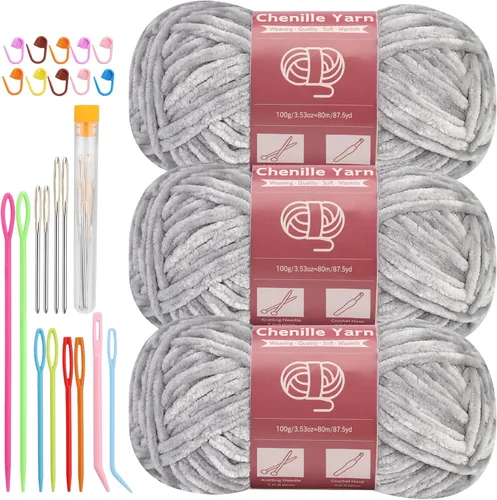 LUNARM Hila de chenilla para crochet y tejer, 3 madejas de 240 metros de hilo grueso, suave y voluminoso, ideal para tejer mantas, ropa y creaciones