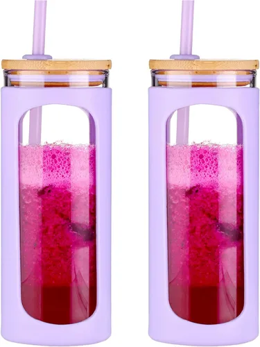 Miniatura 27 de Kodrine Vaso para agua de vidrio de 20 onzas con popote y tapa, botella de agua con tapas de bambú, taza para café helado, reutilizable, boca ancha