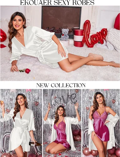 Miniatura 4 de Ekouaer Bata de satén para mujer, lencería de San Valentín para mujer, kimono, bata corta con volantes, cinturón, ropa de dormir para damas de honor