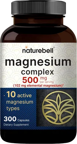 NatureBell - Suplemento complejo de magnesio de 500 mg, 300 cápsulas, 10 formas activas, glicinato, citrato, taurato y más, 100 % quelado y