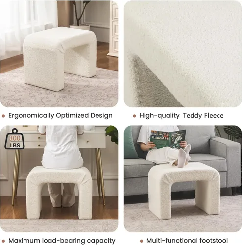 Miniatura 4 de Boucle - Taburete otomano redondo, de sherpa, pequeño y moderno reposapiés tapizado para maquillaje, sala de estar, entrada, dormitorio, beige