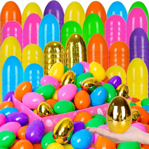 Olixmlya [6 huevos dorados] 100 huevos de Pascua de plástico rellenables de 3 pulgadas, huevos de Pascua vacíos, huevos de plástico coloridos a