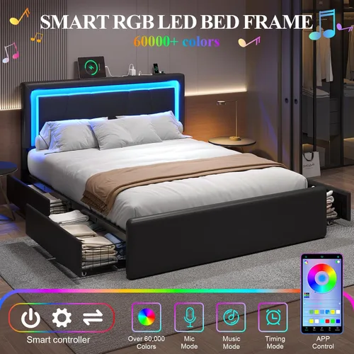 Miniatura 3 de LoVinson Base de cama tamaño completo con 4 cajones de almacenamiento, camas de plataforma de metal con cabecera ajustable, estación de carga Negro