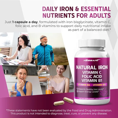 Miniatura 2 de Hierro natural de alta potencia con vitamina C, ácido fólico, fórmula de alta absorción, vitamina B1, vitamina B6, vitamina B12, ayuda a