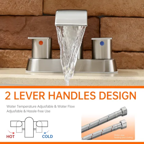 Miniatura 6 de Grifo de lavabo de baño en cascada de 4 pulgadas de níquel cepillado con llave de lavabo de baño con drenaje emergente de 2 o 3 agujeros, grifo