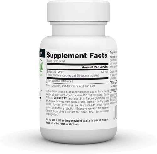 Miniatura 3 de Source Naturals Ginkgo-24 - Extracto de Ginkgo Biloba, 24% Glucósidos de Flavona 6% Lactonas Terpénicas -120 mg - 60 Tabletas
