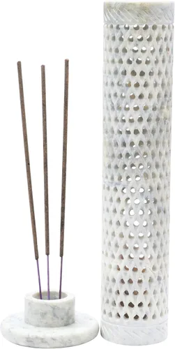 Miniatura 8 de Crocon Quemador de torre de incienso de mármol negro hecho a mano, forma redonda, diseño Jali, quemador de torre de incienso Portavelas de luz