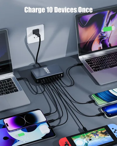 Miniatura 2 de Bloque de cargador USB C de 880 W, estación de carga USB C de 10 puertos GaN IV, estación de carga de múltiples puertos esenciales de viaje