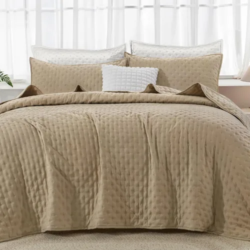 Miniatura 2 de Andency Juego de ropa de cama beige tamaño King (106 x 96 pulgadas), colcha de 3 piezas suave y ligera, colcha de verano bohemia tamaño King