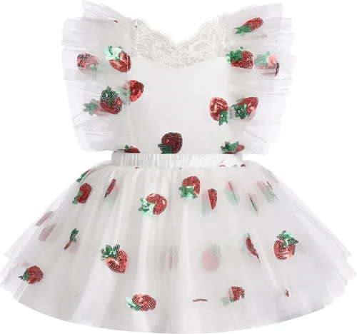 Miniatura 2 de Vestido de cumpleaños de cereza y fresa para niñas pequeñas con diadema, traje de princesa para sesión de fotos