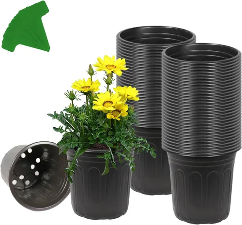 Juego de 60 macetas de 1 galón de plástico flexible para vivero de plantas, con 10 etiquetas para plantas, contenedor suave y engrosado para iniciar