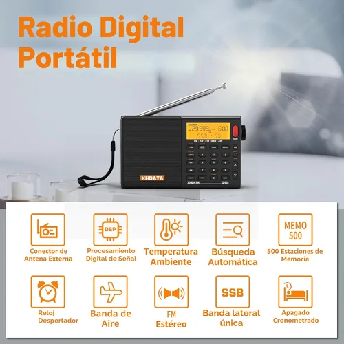 Miniatura 3 de XHDATA D808 Radio Portátil AM FM SW LW Banda Aérea de Onda Corta SSB RDS Radio Digital Multi Banda con Altavoz, Pantalla LCD, Despertador, Antena