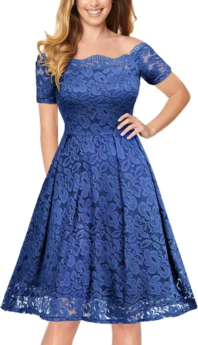MISSMAY Vestido de manga corta con encaje floral vintage para mujer, cuello barco, cóctel, fiesta