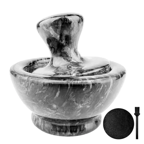 Juego de mortero y mortero, mortero de mármol y mortero de setas, 4 pulgadas, 1/2 taza, molinillo de piedra con cepillo individual para píldoras,