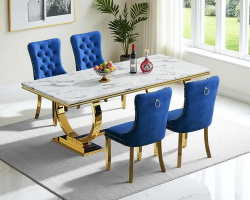 Miniatura 18 de Moderno juego de mesa de comedor de mármol sintético de 68.11 pulgadas para 6, mesa de comedor de mármol blanco y plateado con 6 sillas de Blanco