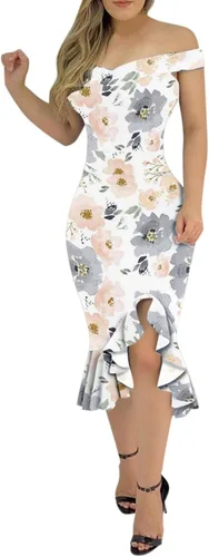 iQKA Vestido de cóctel sexy para mujer, con dobladillo con volantes, estampado floral, cuello en V, sin mangas, vestido de tubo