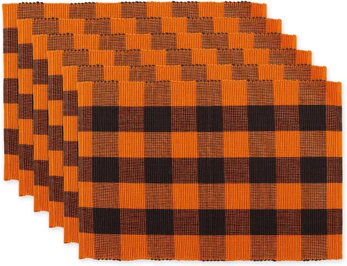 DII Buffalo Check Collection - Juego de manteles individuales clásicos de granja, 13x19, naranja y negro, 6 piezas