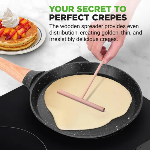 Miniatura 2 de NutriChef - Sartén para crepes de 24 cm (9.45 pulgadas) antiadherente con esparcidora de madera, sartén Dosa de mármol recubierto duradero, mango