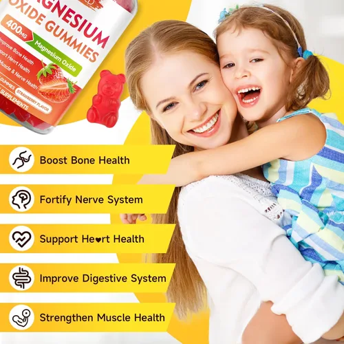 Miniatura 3 de Paquete de 2 gomitas de óxido de magnesio de 400 mg, suplemento de óxido de magnesio masticable para adultos y niños, apoyo nervioso y muscular, sin