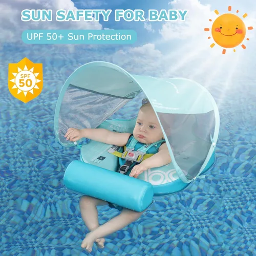 Miniatura 4 de Mambobaby Flotador para bebé con toldo y cola, flotador no inflable para piscina, correa de seguridad ajustable, entrenador de natación para niños