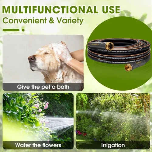 Miniatura 5 de Manguera de jardín resistente, manguera híbrida flexible y ligera de 5/8 pulgadas con presión de estallido de 600 PSI, mango giratorio y accesorios