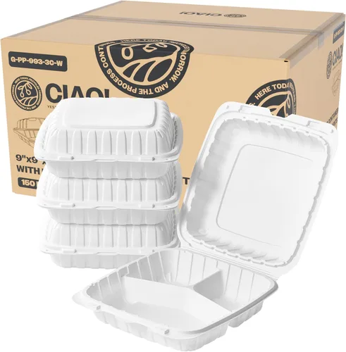 Miniatura 23 de CIAO! Contenedor blanco con bisagras MFPP de 9"x9"x3" con tapa 1 compartimento (caja de 150)