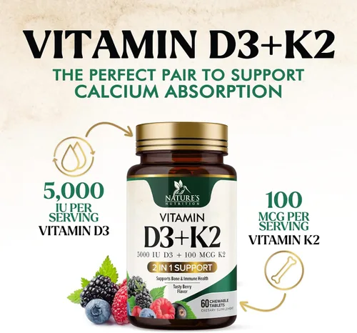Miniatura 3 de Suplemento de vitamina D3 K2 5000 UI D3 + K2 100 mcg MK-7 K2 con vitamina D Apoya la salud inmunológica, cardíaca, dental y ósea, fácil