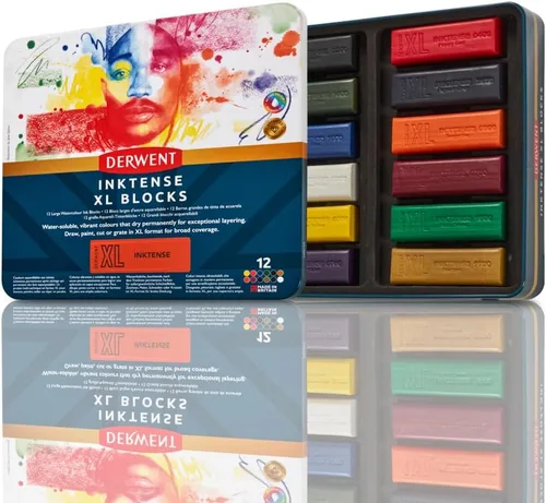 Derwent Inktense 2306162 Bloques XL 12 latas, juego de 12, bloques extra grandes de 2.36 pulgadas, solubles en agua, ideal para dibujar, dibujar y