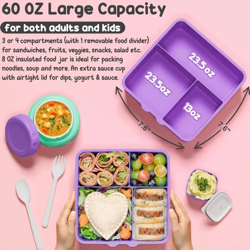Miniatura 2 de Fimibuke Caja Bento para niños y adultos – Juego de lonchera Bento de 3 a 4 compartimentos a prueba de fugas con tarro de comida aislado, botella