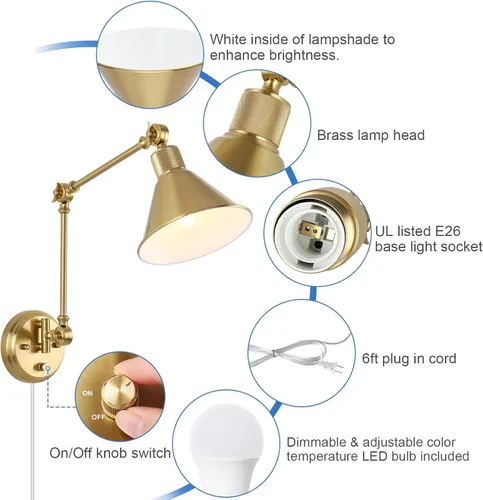 Miniatura 4 de TRLIFE Aplique de pared con control remoto, apliques de pared de latón cepillado enchufables, regulables y con temperatura de color ajustable Dorado