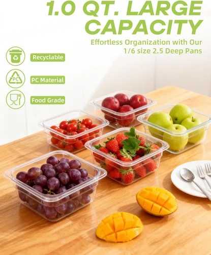 Miniatura 3 de Paquete de 6 bandejas para alimentos con tapas, tamaño 1/6 irrompible, apilable, de plástico, para fiestas, catering, cocinas caseras, preparación
