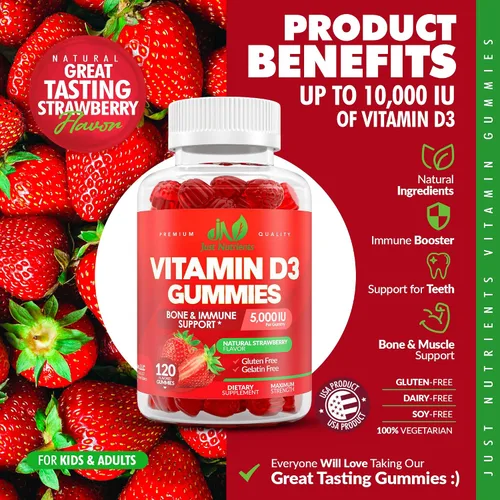 Miniatura 3 de Vitamina D3 5000IU / 10,000IU Gomitas para adultos y niños (120 unidades) - Soporte máximo de fuerza para el sistema inmunológico, huesos y dientes