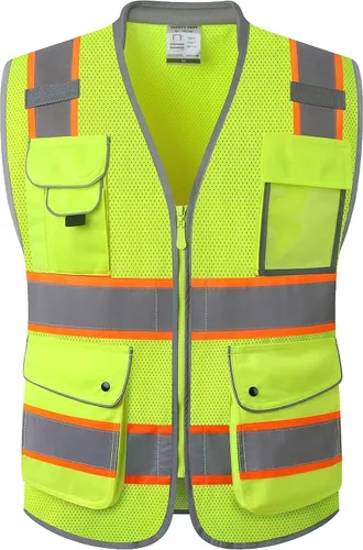 Miniatura 36 de JKSafety Chaleco de seguridad frontal con cremallera de alta visibilidad de 9 bolsillos de color dual MESH Lite Tira reflectante con ribete