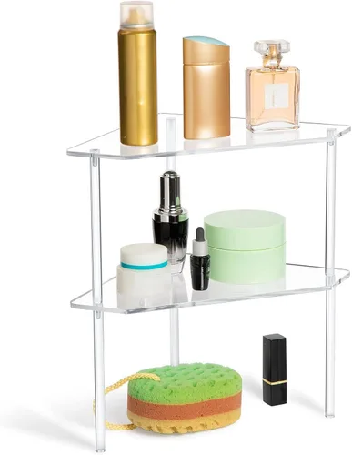 Jetec Organizador esquinero de baño de 2 niveles, estante de encimera, organizador de mesa de baño acrílico, bandeja de tocador, fregadero apilable