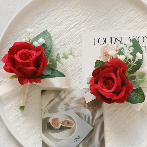 Miniatura 4 de MAFELOE Juego de ramillete de muñeca y boutonniere, accesorios de rosas artificiales para novio, novia, padrinos de boda, damas de honor, boda, Rojo
