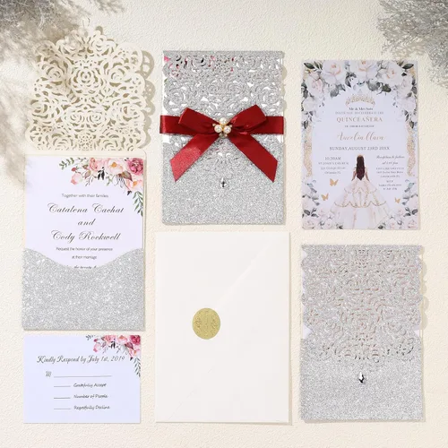Miniatura 7 de AdasBridal 25 invitaciones de corte láser con purpurina plateada con tarjetas y sobres, diseño de diamante y cinta de lujo con inserto de papel
