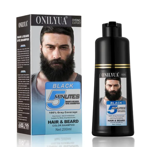 Tinte de cabello negro de larga duración para hombre y retoque de raíces para cobertura de canas, champú para colorear de barba y bigote natural de