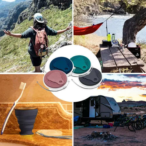 Miniatura 7 de Litoexpe Paquete de 4 vasos de viaje plegables de silicona portátiles con tapas, gris oscuro, rosa, azul marino y verde azulado, capacidad de 9.22
