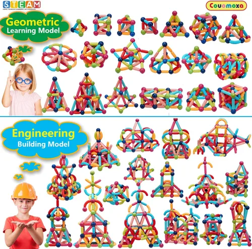 Miniatura 3 de COUOMOXA Bloques de construcción magnéticos para niños pequeños: juguetes educativos STEM para niños de 3, 4 y 5 años, juego Montessori de palo