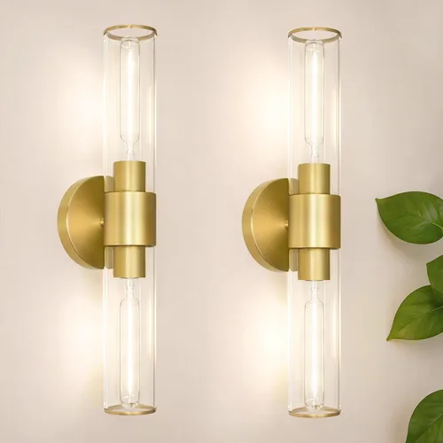 Juego de dos apliques de pared dorados, lámpara de tocador de baño con cableado fijo, lámpara de pared de latón, juego de dos lámparas de pared Oro